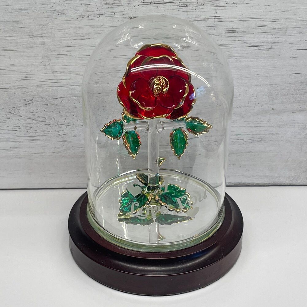 Red Crystal Rose in Glass Dome - Beauty & the Beast Style - Gold Leaf Love Decor